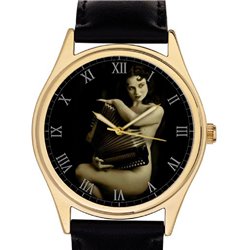 Stunning Vintage Erotic Nude Collectible Accordion Player Wrist Watch, Gold-Washed Brass Case
