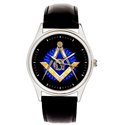 Classic Sapphire Blue Masonic Symbolism Freemasonry Divider & Scale Wrist Watch. Silver Tone.