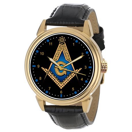Sapphire Blue Art Masonic Symbolism Freemasonry Divider & Scale Collectible Gold-Washed Wrist Watch