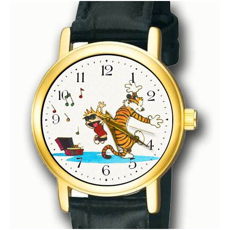 Calvin & Hobbes - ¡Baile sin preocupaciones! Vintage Comic Art Reloj de pulsera de latón sólido