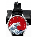 Godzilla Woodcut Japanese Print Kanji Dial Reloj de pulsera coleccionable. Tono plateado. ゴジラ腕時計