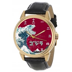 Godzilla Fantastic Woodcut Japanese Hokusai Print Kanji Dial Collectible Wrist Watch. Gold. ゴジラ腕時計