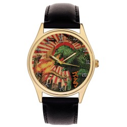 Godzilla Fantastic Woodcut Japanese Hokusai Print Kanji Dial Collectible Wrist Watch. Gold. ゴジラ腕時計