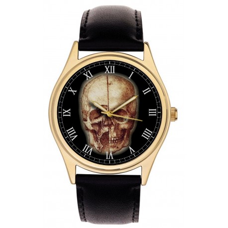Leonardo Da Vinci Gothic Skull Art Medical Study Parchment Dial Collectible Wrist Watch