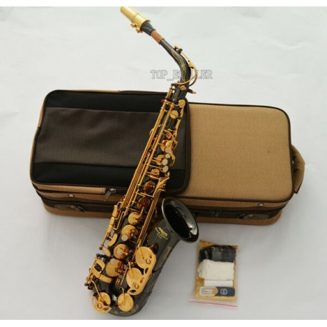 Saxofón Alto Negro Niquelado Pro Eb Sax con Caja, Hermosa Campana Grabada