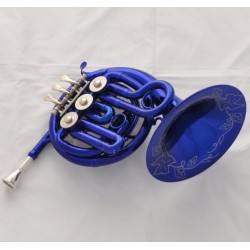 Quality Beautiful Blue Mini French Horn Engraving Bell Bb Pocket horn With Case