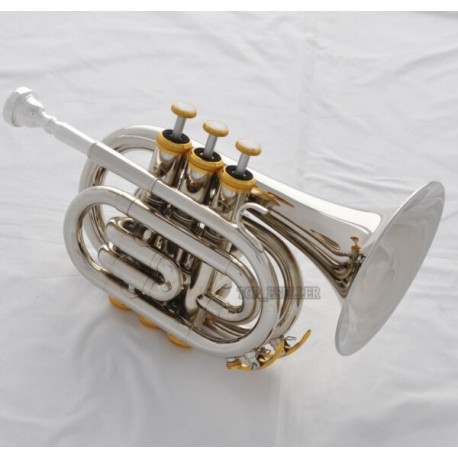 High Grade Silver Nickel Plated Pocket Trumpet Large bell Bb Horn With Case