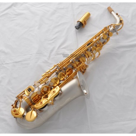 Professional Satin Nickel Eb Alto Saxophone Gold Key High F# Sax Saxofon with Case