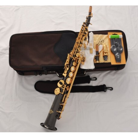 Professional Superbrass Soprano Saxophone Black Nickel Gold Sax Bb High F#, 2 Necks