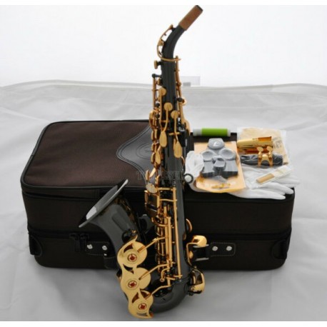 Professional Superbrass Black Nickel Curved Soprano Saxophone Gold Key High F# Sax