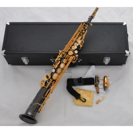 Black Nickel Soprano Saxophone Bb Saxello sax Curved Bell High F#, G with Leather Case