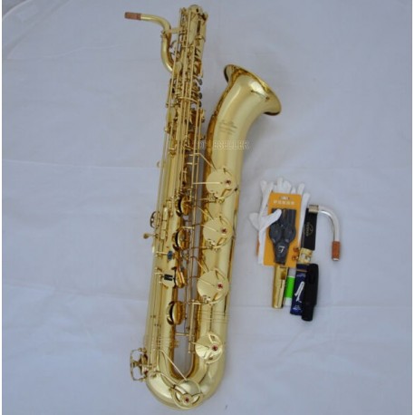 Professional Superbrass Gold Lacquer Baritone Saxophone Eb Sax Low A 2 necks Abalone