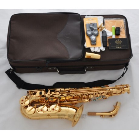 Professional Gold Superbrass Eb Alto Saxophone High F# Sax Abalone Shell +Case