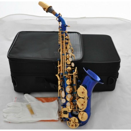 High Grade New Blue Gold Curved Soprano Saxophone Sax Bb key High F With Case