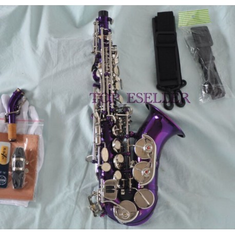 Purple Curved Soprano Saxophone Bb sax Silver nickel key High F With Case