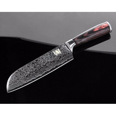 7'' Santoku Knife Chef High Carbon Stainless Steel Lasered Damascus Veins Wood H
