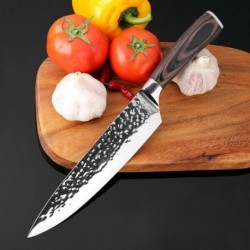 Cuchillo de chef de acero con alto contenido de carbono de 8 '' Cocina inoxidable Patrón martillado Mango de madera