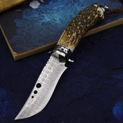 Vg10 Damascus Survival Outdoor Camping Hunting Knife Fixed Blade W/ Sheath Horn