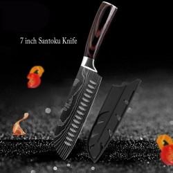 7'' Nakiri Knife Chef High Carbon Stainless Steel Lasered Damascus Veins Wood Ha