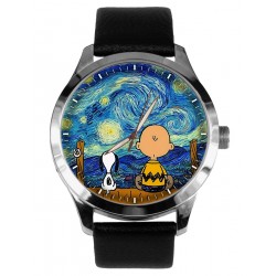 Cacahuetes: Charlie Brown vs. Vincent van Gogh Starry Night Symbolic 40 mm Solid Brass Adult-Size Wrist Watch