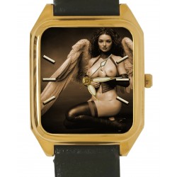 Wicked Angel With Wings Nude Photo Art Solid Brass Collectible Wrist Watch. Metallic Gold Version