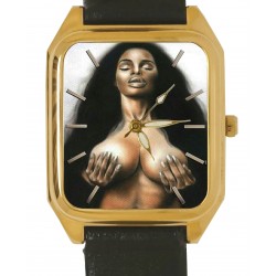 Vintage 1970s Black Counter Culture Nude With Afro Large Rectangular Brass Watch