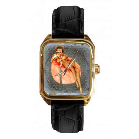 Erotic Sexy Nude Art Collectible Rectangular Solid Brass Tank Wrist Watch