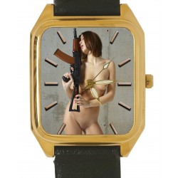 Nude with AK-47 Gun, Original Erotic Sexy Art Rectangular Wrist Watch. Solid Brass.