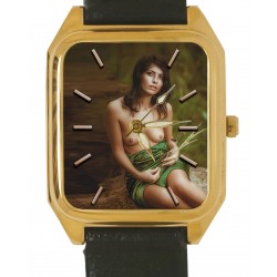 Stunning Nude in Green Skirt Erotic Sexy Art Rectangular Wrist Watch. Solid Brass.