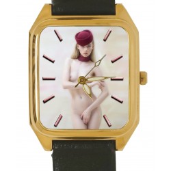 Nude in a Red Beret, Sexy Erotic Photo Art Rectangular Wrist Watch. Solid Brass.