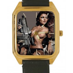 Nude with Machine Gun Sexy Erotic Rectangular Wrist Watch. Solid Brass.