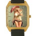 Nude Blonde Cowgirl with Guns Sexy Rectangular Wrist Watch. Solid Brass.