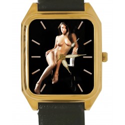 Sexy Cross-Legged Nude Erotic Art Rectangular Wrist Watch. Solid Brass.