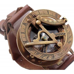 Ancient Style Sundial Compass Wrist wartch in Solid Brass & Buffalo Leather Bracelet