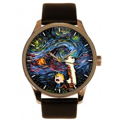 Calvin y Hobbes contra Vincent Van Gogh Starry Nights, simbólico cómico reloj de pulsera de latón sólido para adultos