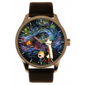 Calvin and Hobbes versus Vincent Van Gogh Starry Nights, Symbolic Comic Art Solid Brass Wrist Watch for Grown Ups. Gold.