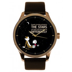 Calvin and Hobbes versus Vincent Van Gogh Starry Nights, Symbolic Comic Art Solid Brass Wrist Watch for Grown Ups. Silver.