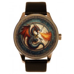 Ancient Blue Fire-Breathing Dragon Parchment Art Solid Brass Mens Dress Watch