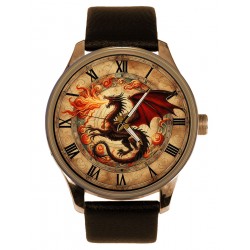 English Colours Fire-Breathing Dragon Ancient Parchment Fantasy Art Brass Watch