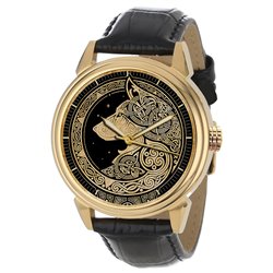 Noble Celtic Wolf Art Solid Brass Wrist Watch Collectible. Golden.