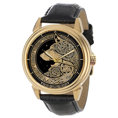 Noble Celtic Wolf Art Solid Brass Wrist Watch Collectible. Golden.