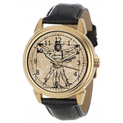The Vitruvian Banjo Player, Classic Leonardo Da Vinci Parchment Art Dial Original Art Wrist Watch
